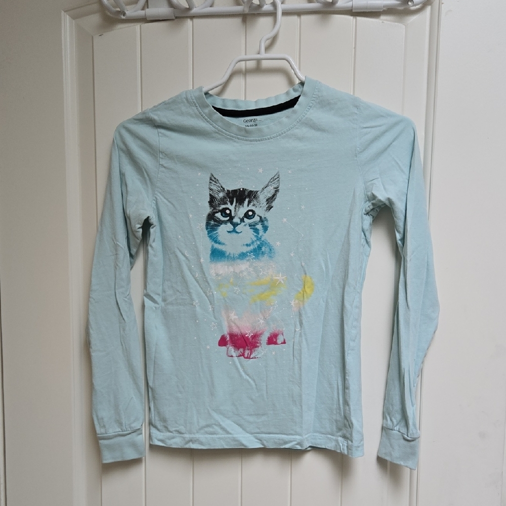 George Children Large 12 years light blue Kitten long sleeve Cotton t-shirt Top